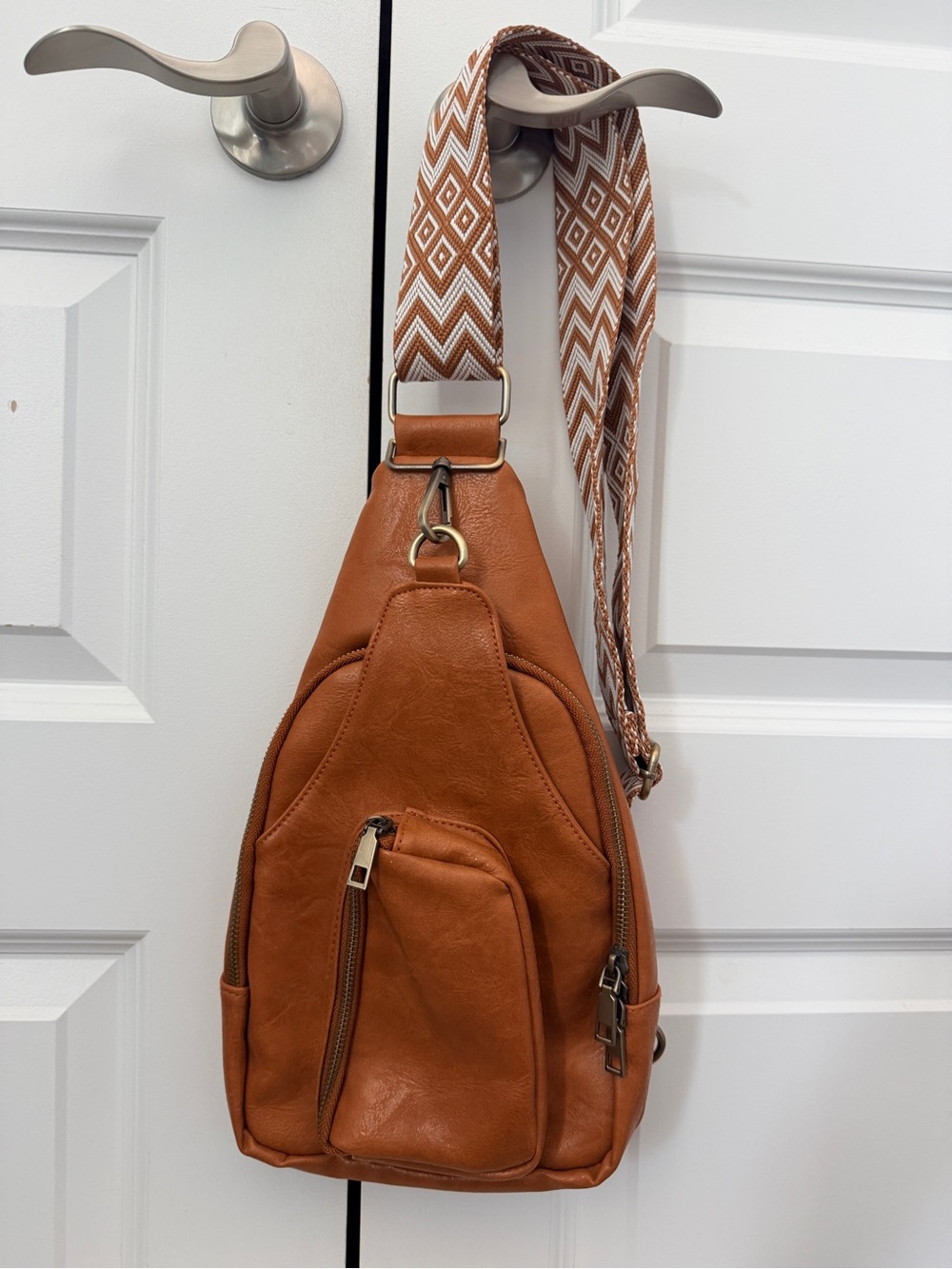 Men's Brown Sling Bag with Patterned Strap